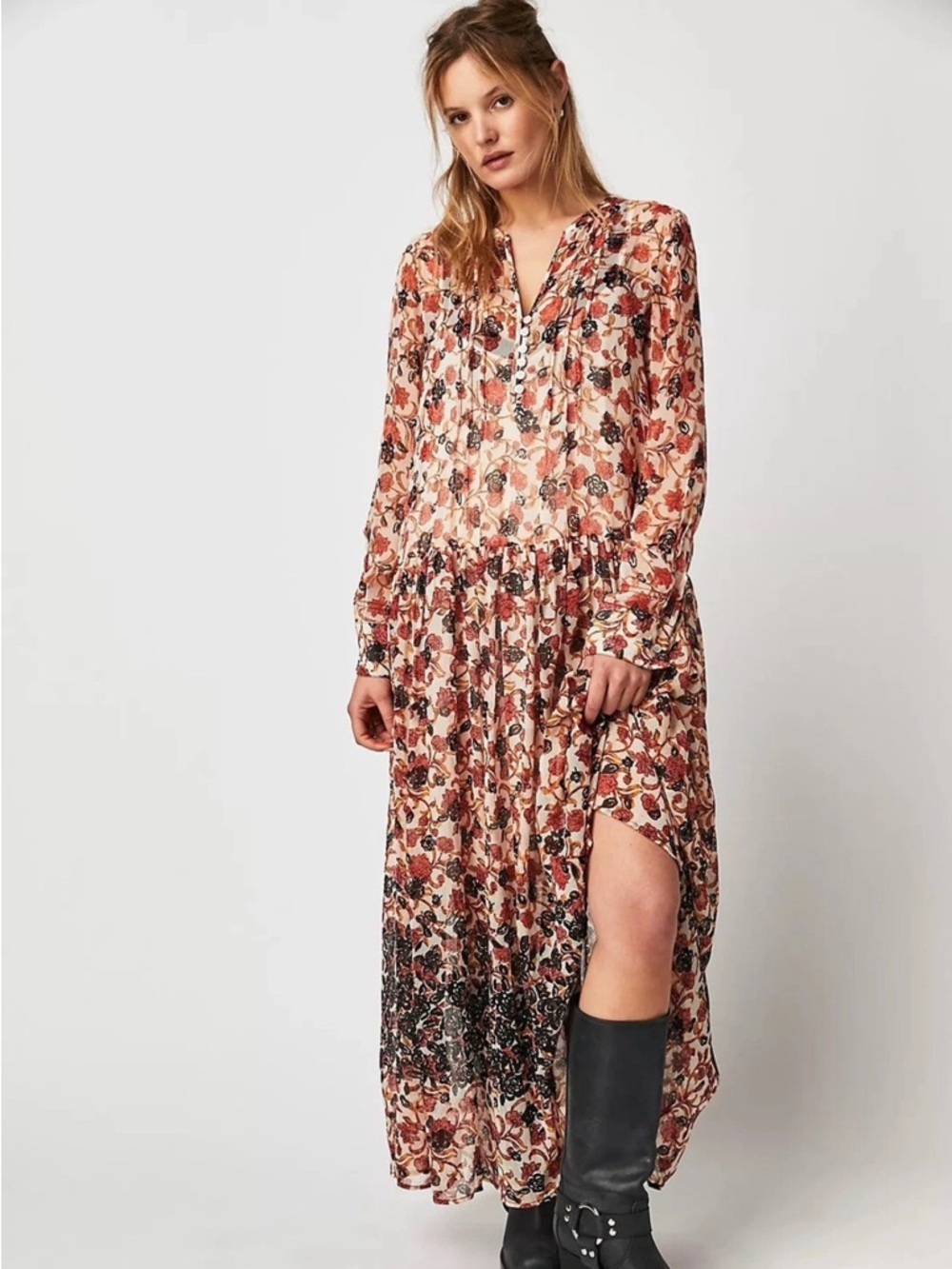 FREE PEOPLE Boho See It Through Floral Maxi Dress